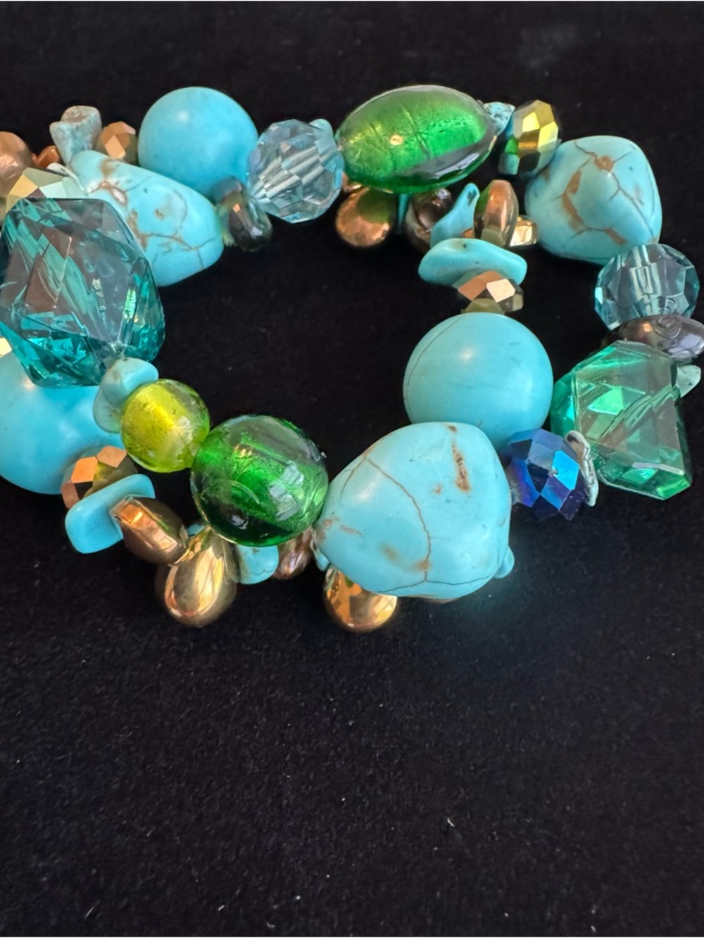 Chico's Turquoise, Green & Gold Beaded Stretch Bracelets Set of 2